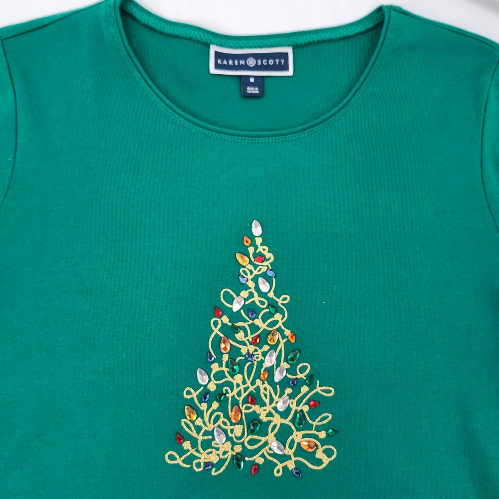 Karen Scott Womens Christmas Tree Rhinestone Top Size M Holiday Whimsy Party NWT